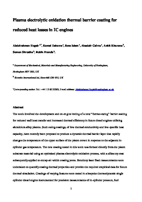 Plasma electrolytic oxidation thermal barrier coating for reduced heat losses in IC engines Thumbnail