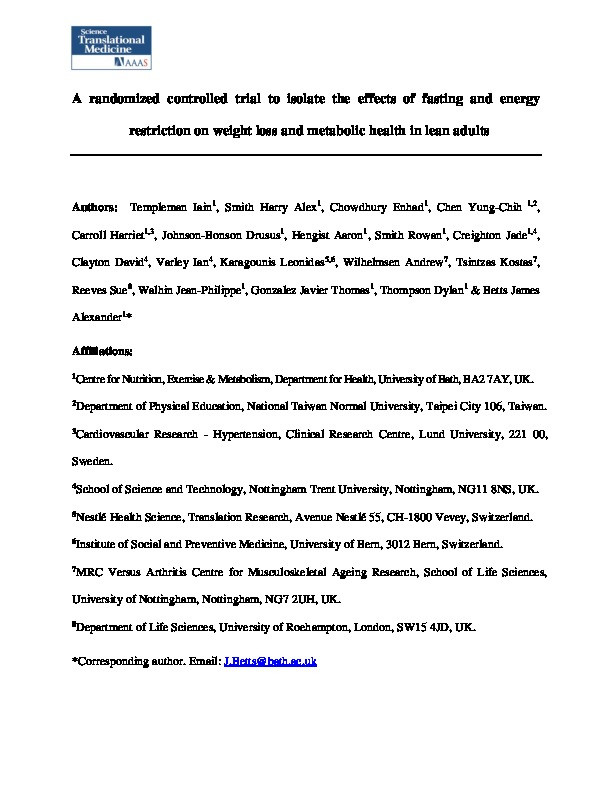 A randomized controlled trial to isolate the effects of fasting and energy restriction on weight loss and metabolic health in lean adults Thumbnail