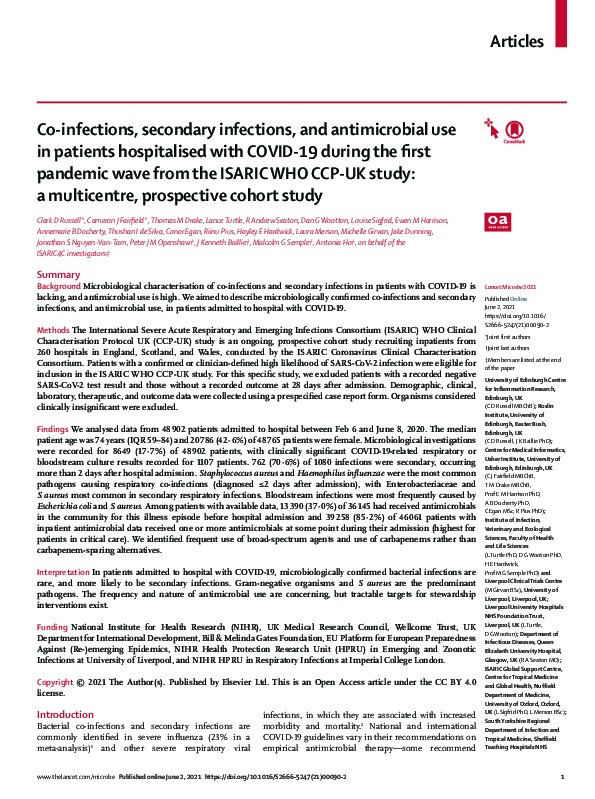 Co-infections, secondary infections, and antimicrobial use in patients hospitalised with COVID-19 during the first pandemic wave from the ISARIC WHO CCP-UK study: a multicentre, prospective cohort study Thumbnail