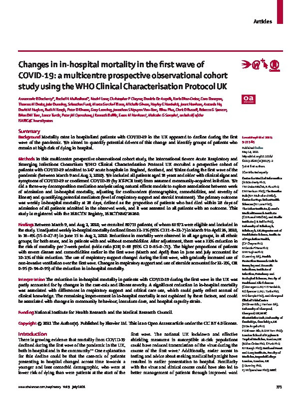 Changes in in-hospital mortality in the first wave of COVID-19: a multicentre prospective observational cohort study using the WHO Clinical Characterisation Protocol UK Thumbnail