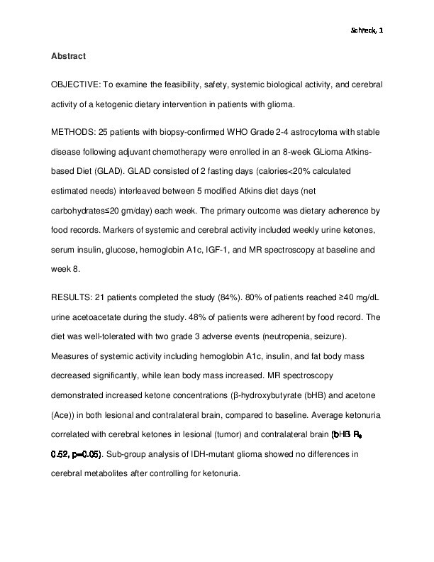 Feasibility and Biological Activity of a Ketogenic/Intermittent-Fasting Diet in Patients With Glioma Thumbnail