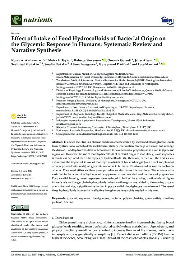 Effect of intake of food hydrocolloids of bacterial origin on the glycemic response in humans: Systematic review and narrative synthesis Thumbnail