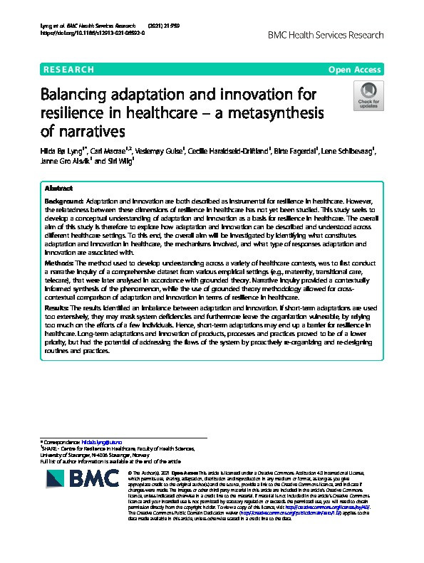 Balancing adaptation and innovation for resilience in healthcare – a metasynthesis of narratives Thumbnail