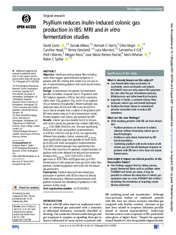 Psyllium reduces insulin-induced colonic gas production in irritable bowel syndrome: MRI and in vitro fermentation studies Thumbnail