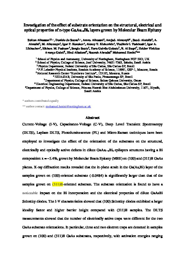 Investigation of the Effect of Substrate Orientation on the Structural, Electrical and Optical Properties of n-type GaAs1-xBix Layers Grown by Molecular Beam Epitaxy Thumbnail