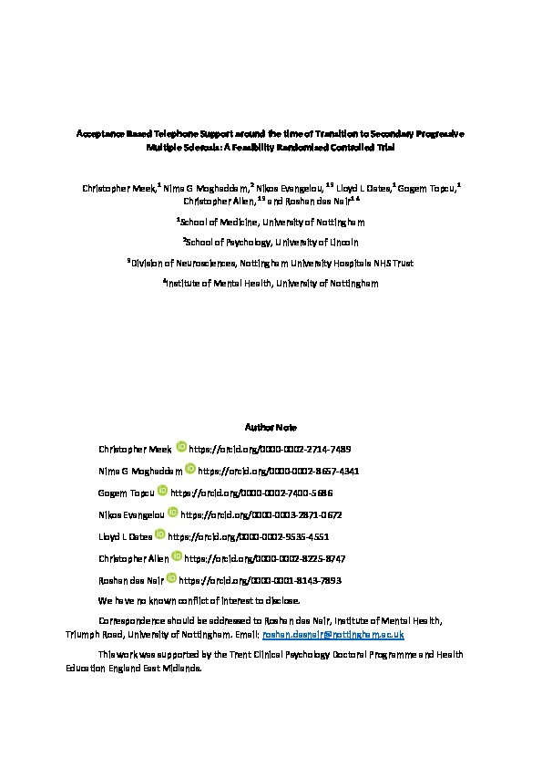 Acceptance-based telephone support around the time of transition to secondary progressive multiple sclerosis: A feasibility randomised controlled trial Thumbnail