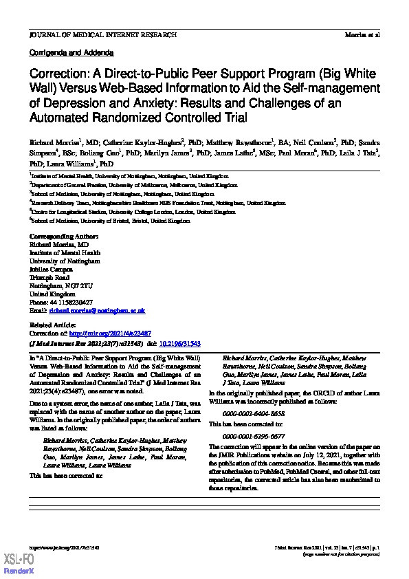 Correction: A Direct-to-Public Peer Support Program (Big White Wall) Versus Web-Based Information to Aid the Self-management of Depression and Anxiety: Results and Challenges of an Automated Randomized Controlled Trial Thumbnail
