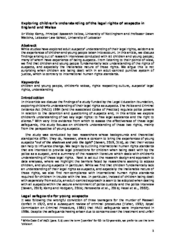 Exploring Children’s Understanding of the Legal Rights of Suspects in England and Wales Thumbnail