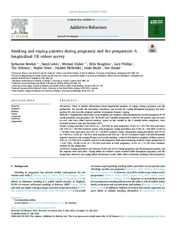 Smoking and vaping patterns during pregnancy and the postpartum: a longitudinal UK cohort survey Thumbnail