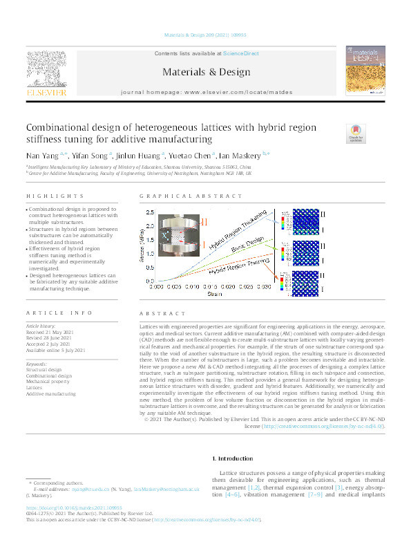 Combinational design of heterogeneous lattices with hybrid region stiffness tuning for additive manufacturing Thumbnail