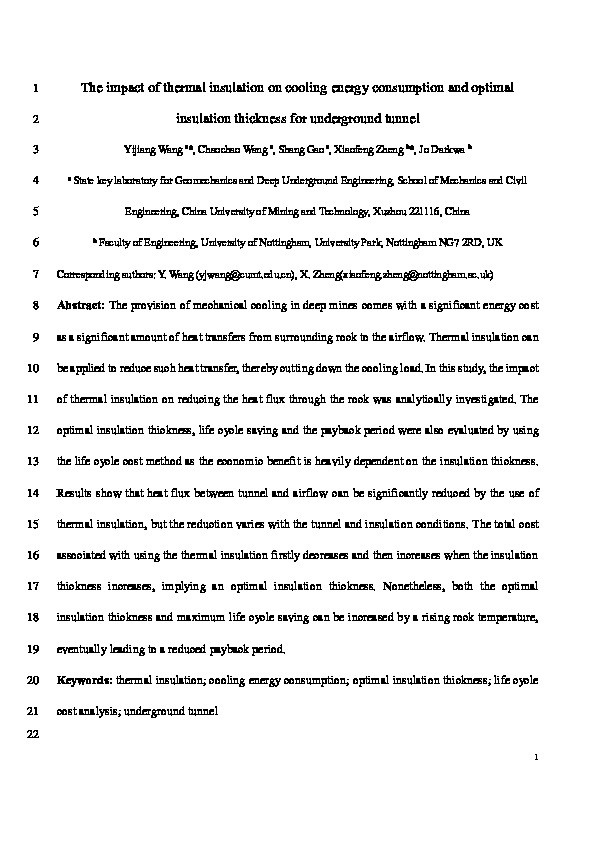 The impact of thermal insulation on cooling energy consumption and optimal insulation thickness for underground tunnel Thumbnail