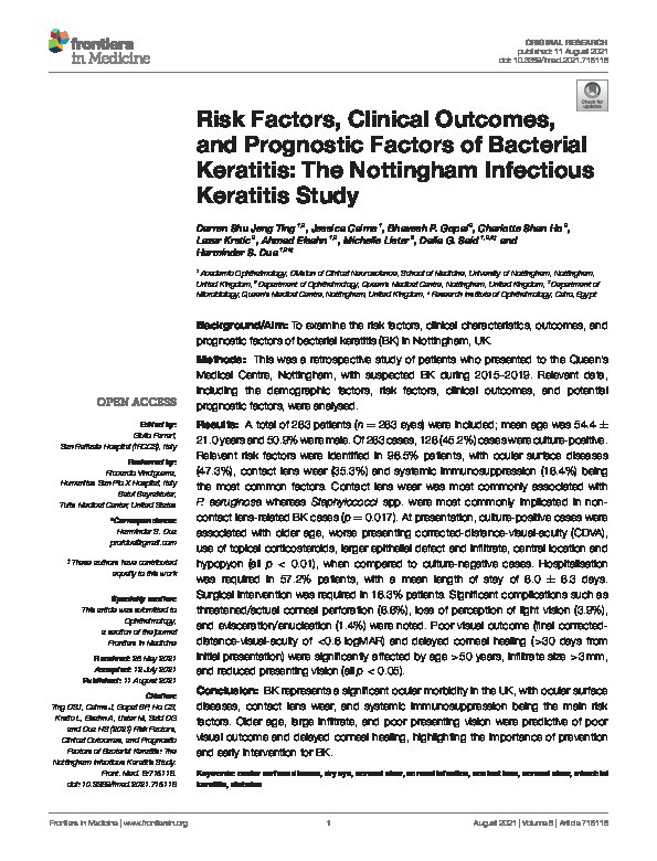 Risk Factors, Clinical Outcomes, and Prognostic Factors of Bacterial Keratitis: The Nottingham Infectious Keratitis Study Thumbnail