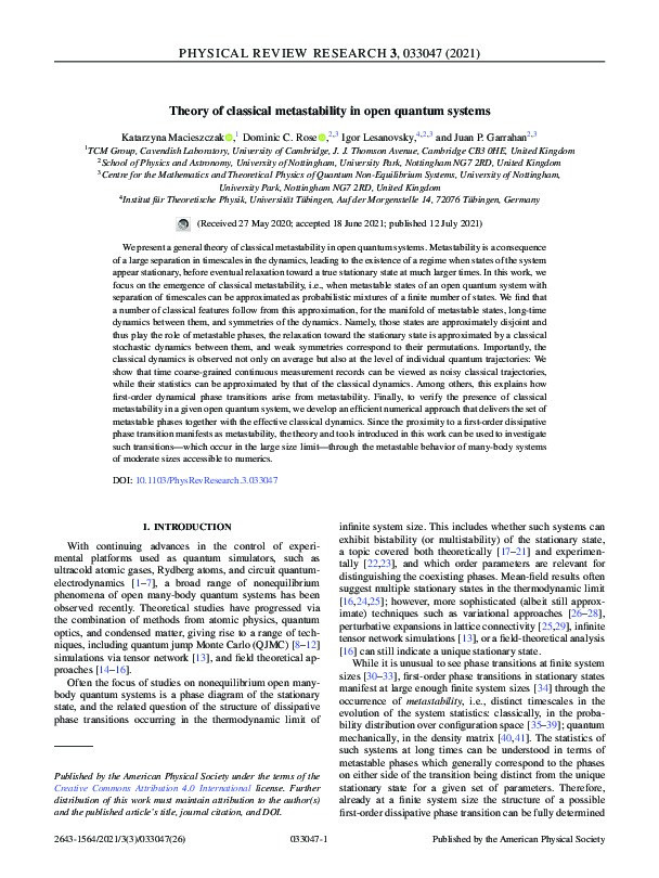 Theory of classical metastability in open quantum systems Thumbnail