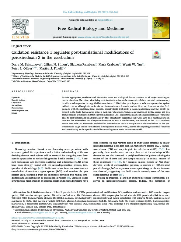 Oxidation resistance 1 regulates post-translational modifications of peroxiredoxin 2 in the cerebellum Thumbnail