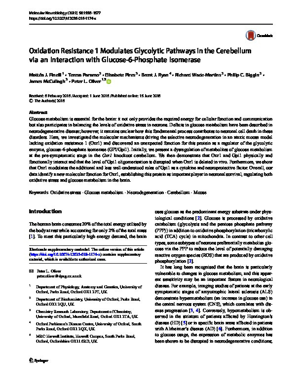 Oxidation Resistance 1 Modulates Glycolytic Pathways in the Cerebellum via an Interaction with Glucose-6-Phosphate Isomerase Thumbnail