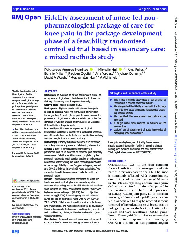 Fidelity assessment of nurse-led non-pharmacological package of care for knee pain in the package development phase of a feasibility randomised controlled trial based in secondary care: A mixed methods study Thumbnail