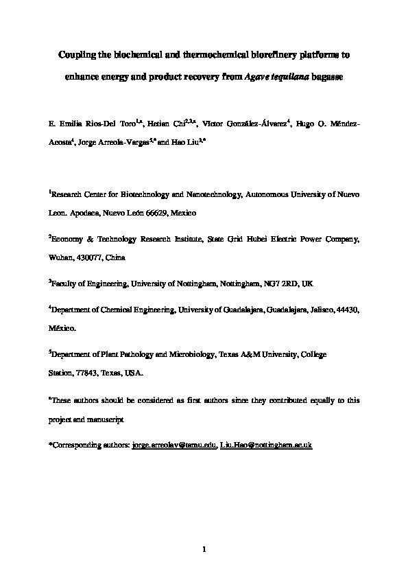 Coupling the biochemical and thermochemical biorefinery platforms to enhance energy and product recovery from Agave tequilana bagasse Thumbnail