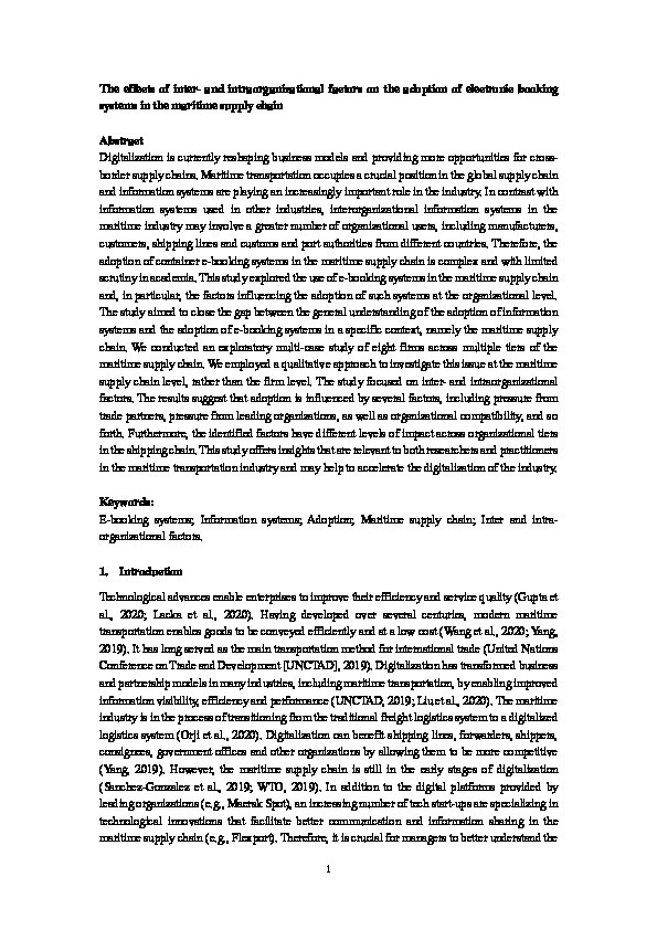 The effects of inter- and intraorganizational factors on the adoption of electronic booking systems in the maritime supply chain Thumbnail