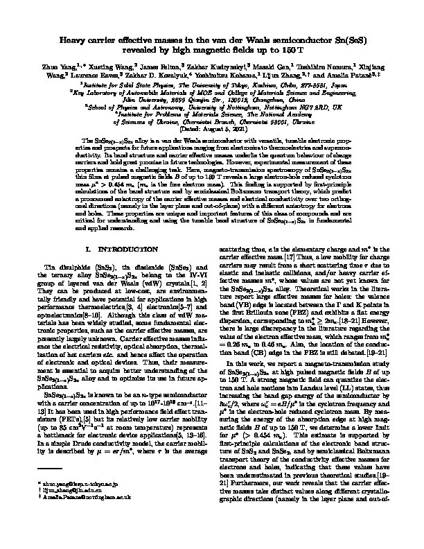 Heavy carrier effective masses in van der Waals semiconductor Sn(SeS) revealed by high magnetic fields up to 150 T Thumbnail