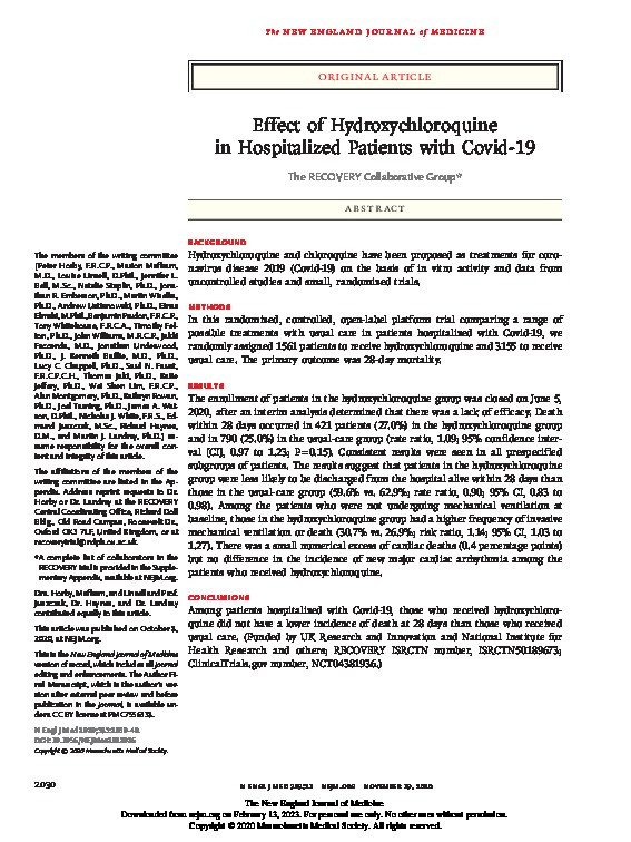 Effect of Hydroxychloroquine in Hospitalized Patients with Covid-19 Thumbnail