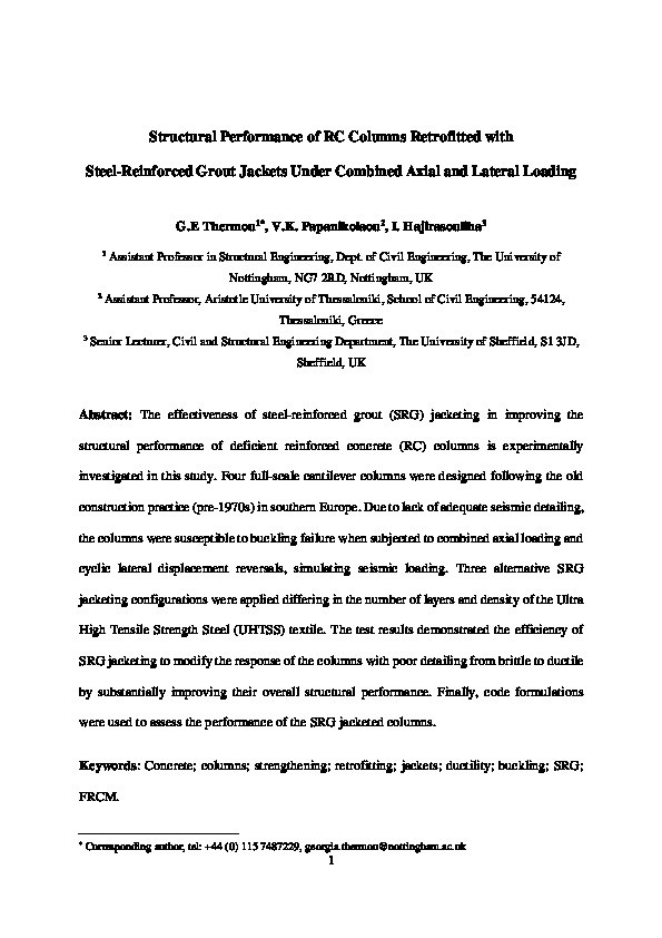 Structural performance of RC columns retrofitted with steel-reinforced grout jackets under combined axial and lateral loading Thumbnail