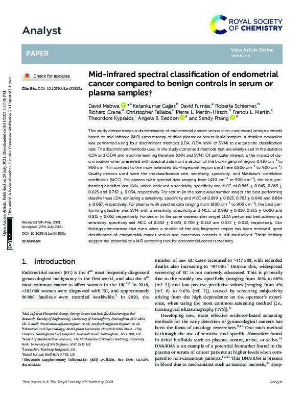 Mid-infrared spectral classification of endometrial cancer compared to benign controls in serum or plasma samples Thumbnail