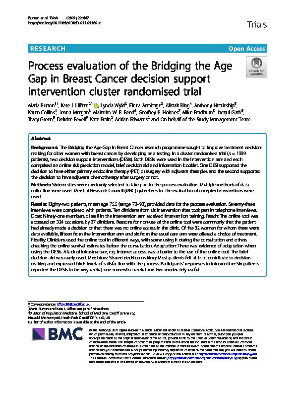 Process evaluation of the Bridging the Age Gap in Breast Cancer decision support intervention cluster randomised trial Thumbnail