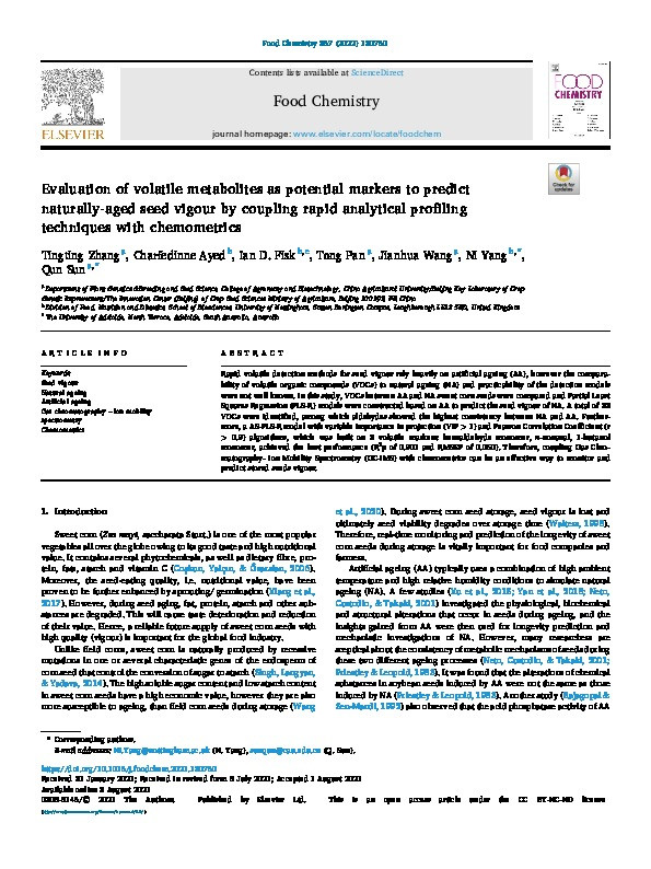 Evaluation of volatile metabolites as potential markers to predict naturally-aged seed vigour by coupling rapid analytical profiling techniques with chemometrics Thumbnail