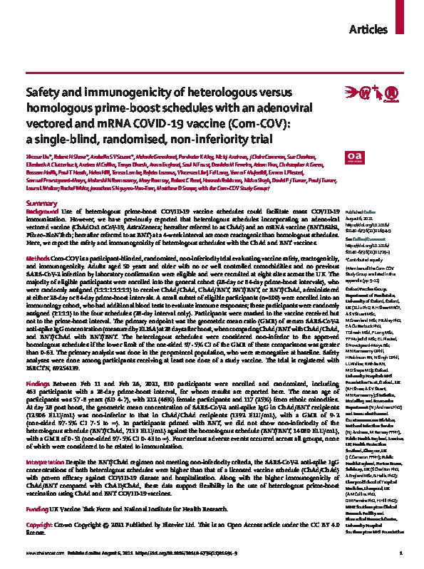 Safety and immunogenicity of heterologous versus homologous prime-boost schedules with an adenoviral vectored and mRNA COVID-19 vaccine (Com-COV): a single-blind, randomised, non-inferiority trial Thumbnail