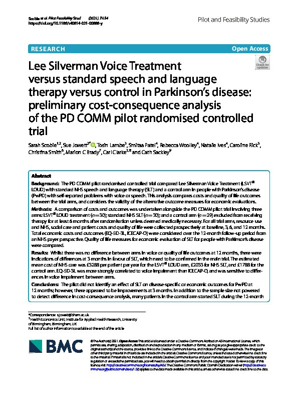 Lee Silverman Voice Treatment versus standard speech and language therapy versus control in Parkinson’s disease: preliminary cost-consequence analysis of the PD COMM pilot randomised controlled trial Thumbnail