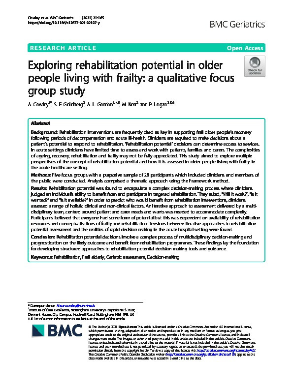 Exploring rehabilitation potential in older people living with frailty: a qualitative focus group study Thumbnail
