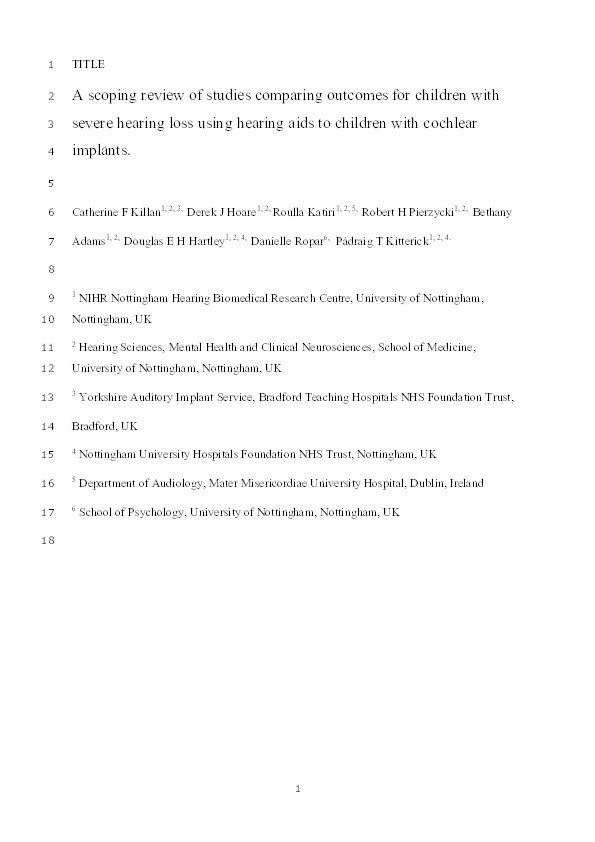 A Scoping Review of Studies Comparing Outcomes for Children With Severe Hearing Loss Using Hearing Aids to Children With Cochlear Implants Thumbnail