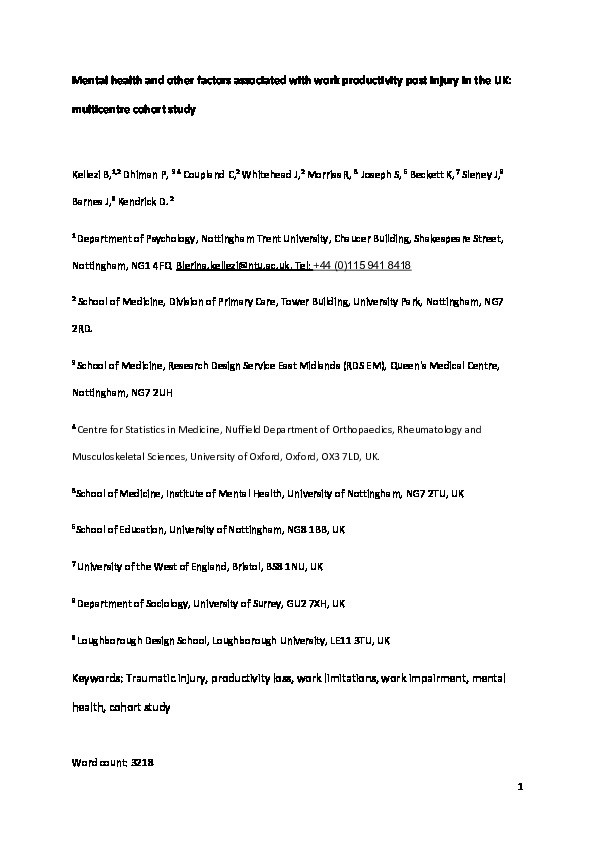 Mental health and other factors associated with work productivity after injury in the UK: multicentre cohort study Thumbnail