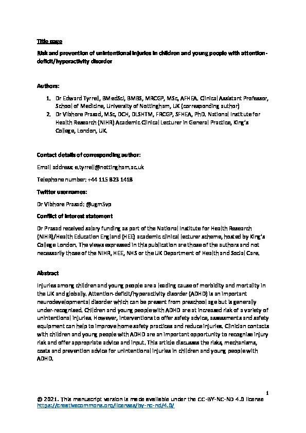 Risk and prevention of unintentional injuries in children and young people with attention-deficit/hyperactivity disorder Thumbnail