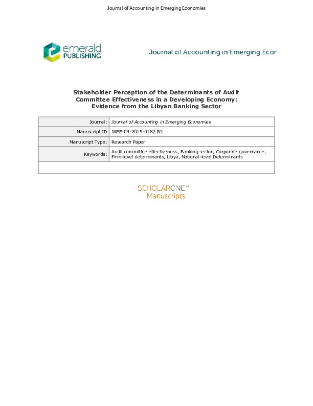 Stakeholder perception of the determinants of audit committee effectiveness in a developing economy: evidence from the Libyan banking sector Thumbnail