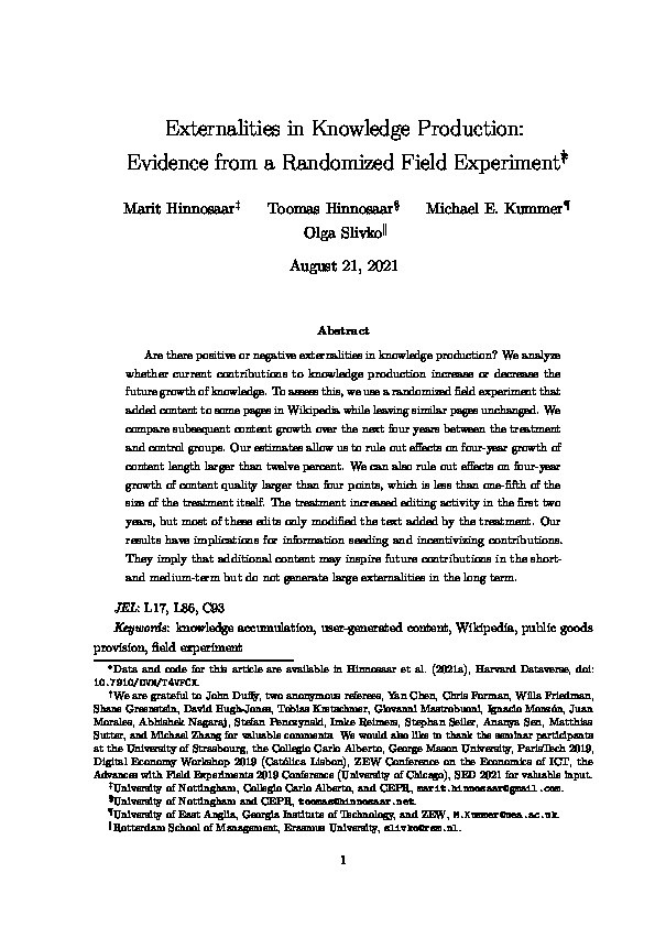 Externalities in knowledge production: evidence from a randomized field experiment Thumbnail