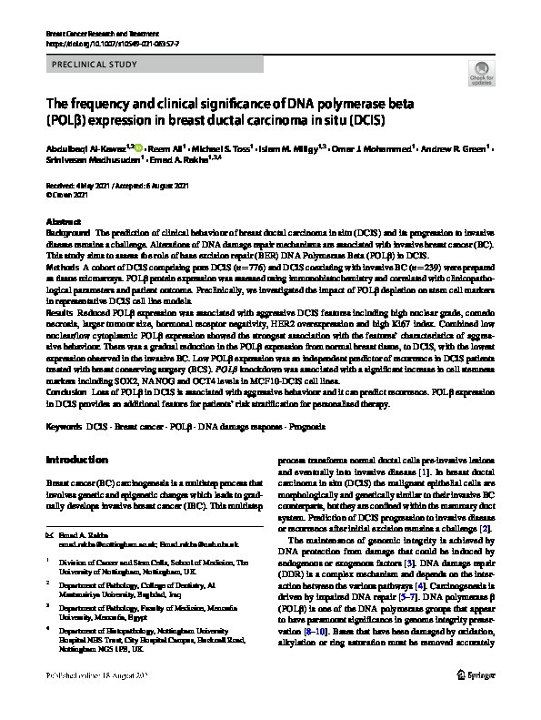 The frequency and clinical significance of DNA polymerase beta (POLβ) expression in breast ductal carcinoma in situ (DCIS) Thumbnail