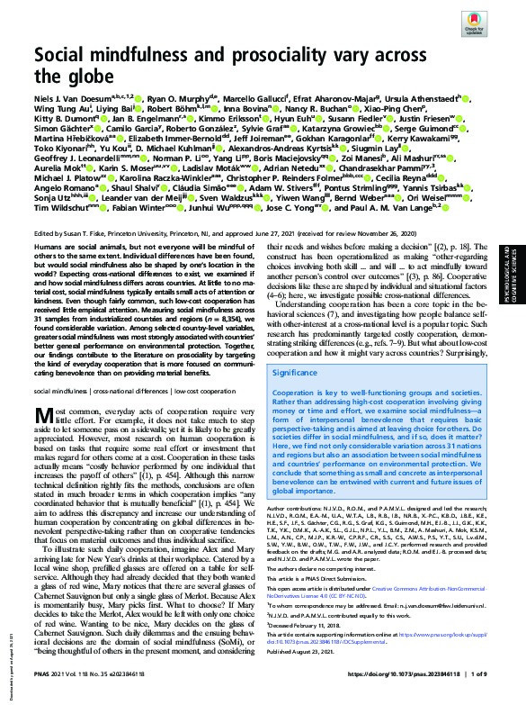 Social mindfulness and prosociality vary across the globe Thumbnail