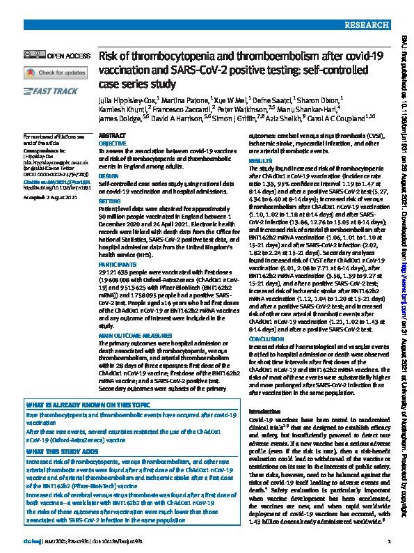 Risk of thrombocytopenia and thromboembolism after covid-19 vaccination and SARS-CoV-2 positive testing: self-controlled case series study Thumbnail