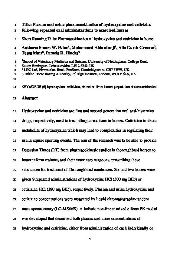 Plasma and urine pharmacokinetics of hydroxyzine and cetirizine following repeated oral administrations to exercised horses Thumbnail
