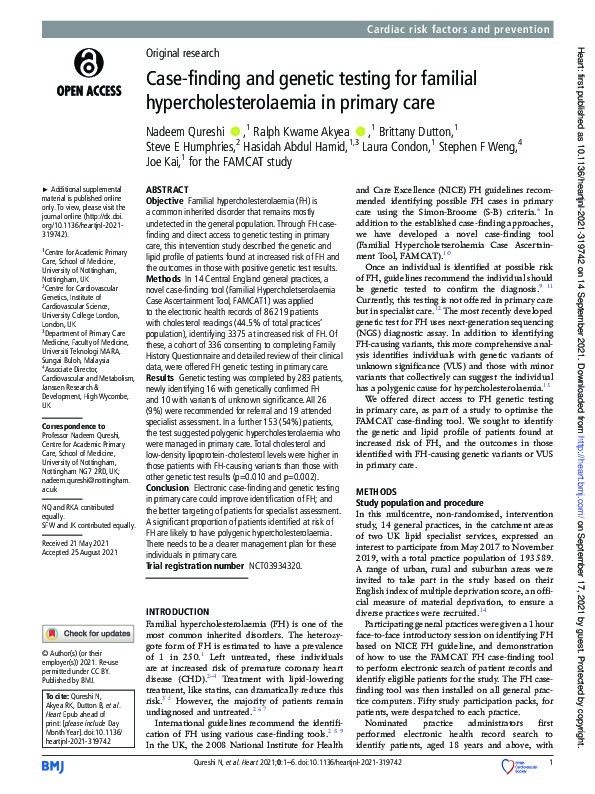 Case-finding and genetic testing for familial hypercholesterolaemia in primary care Thumbnail