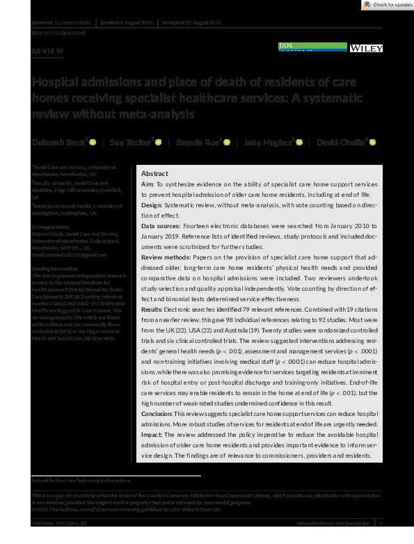 Hospital admissions and place of death of residents of care homes receiving specialist healthcare services: A systematic review without meta‐analysis Thumbnail