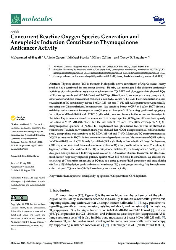 Concurrent reactive oxygen species generation and aneuploidy induction contribute to thymoquinone anticancer activity Thumbnail