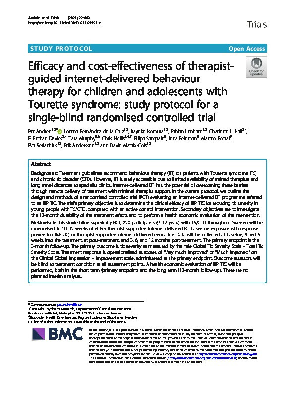 Efficacy and cost-effectiveness of therapist-guided internet-delivered behaviour therapy for children and adolescents with Tourette syndrome: study protocol for a single-blind randomised controlled trial Thumbnail