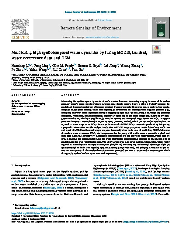 Monitoring high spatiotemporal water dynamics by fusing MODIS, Landsat, water occurrence data and DEM Thumbnail