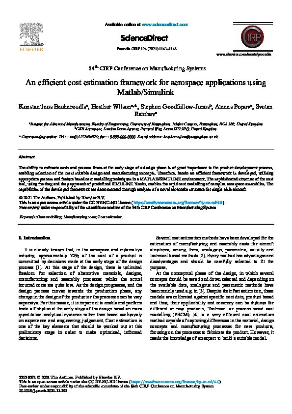 An efficient cost estimation framework for aerospace applications using Matlab/Simulink Thumbnail