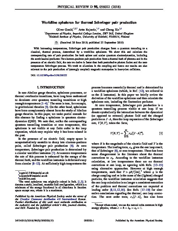 Worldline sphaleron for thermal Schwinger pair production Thumbnail