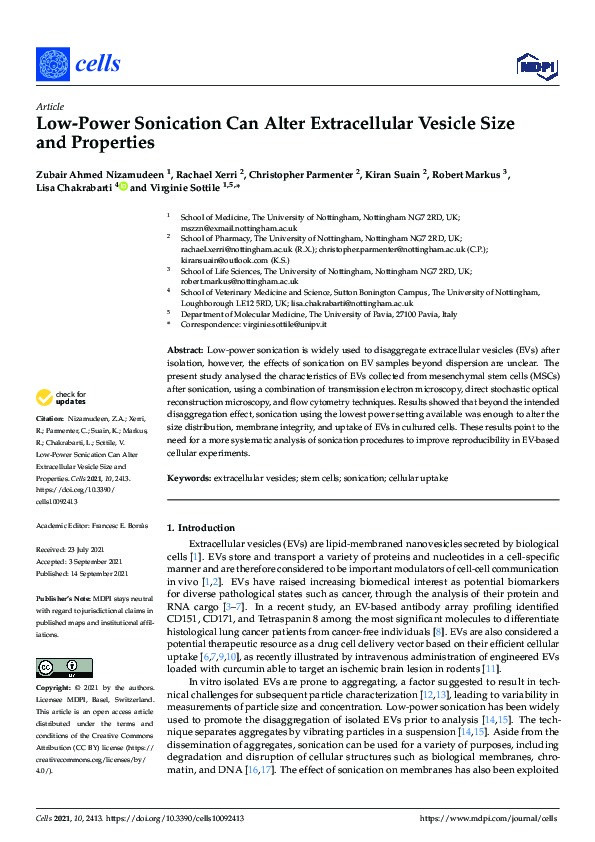 Low-Power Sonication Can Alter Extracellular Vesicle Size and Properties Thumbnail