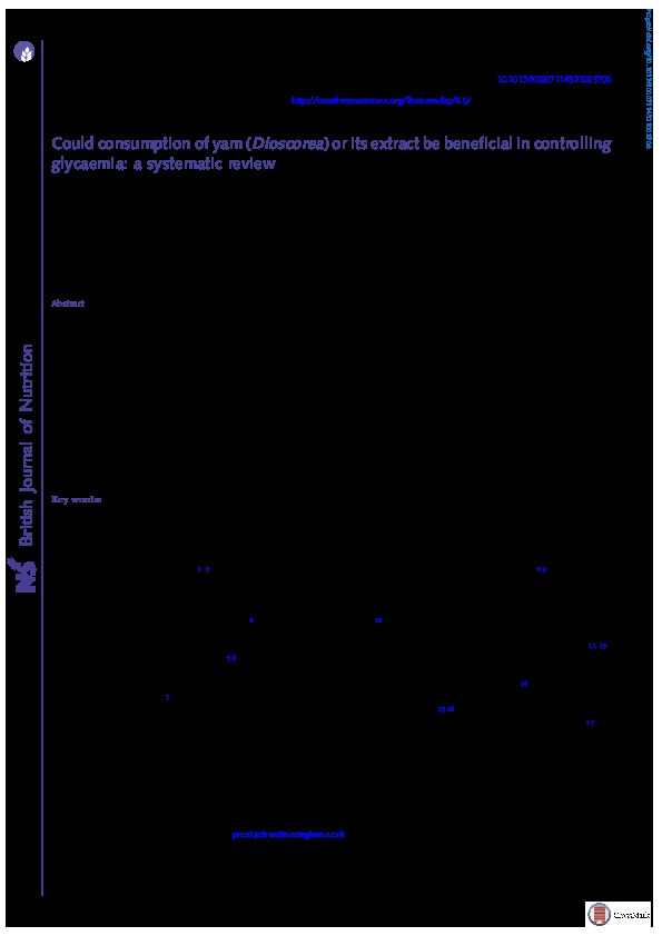 Could consumption of yam (Dioscorea) or its extract be beneficial in controlling glycaemia: a systematic review Thumbnail