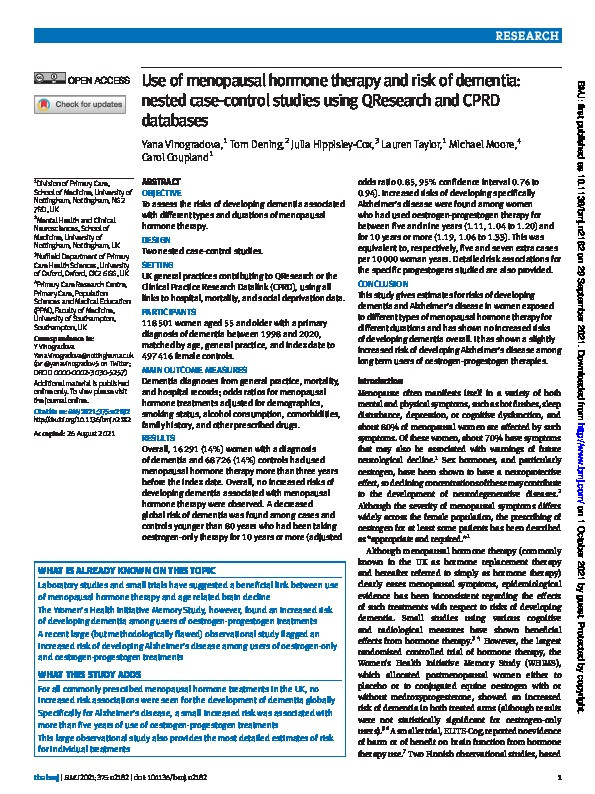 Use of menopausal hormone therapy and risk of dementia: Nested case-control studies using QResearch and CPRD databases Thumbnail